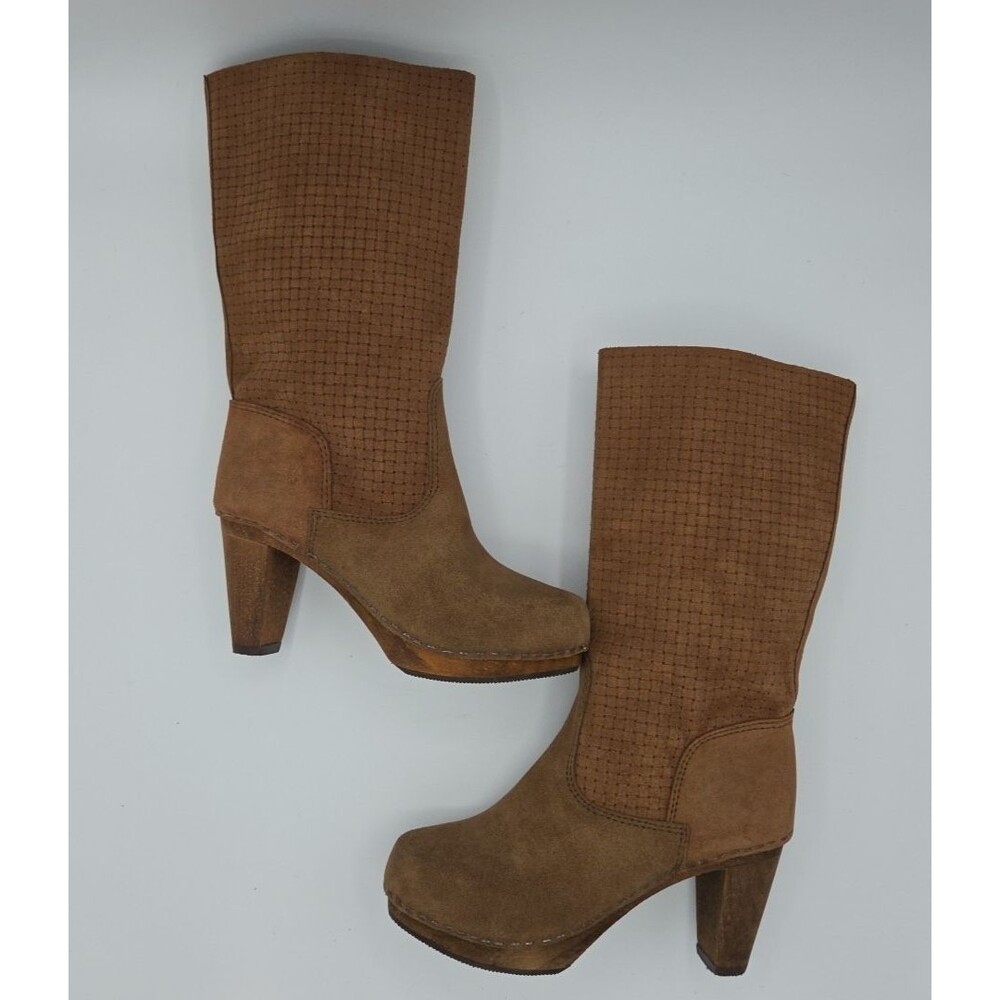 Sanita Mid Calf Boots Womens Size 5 M  EU36 Brown Suede Leather 3” Wood Heel EUC